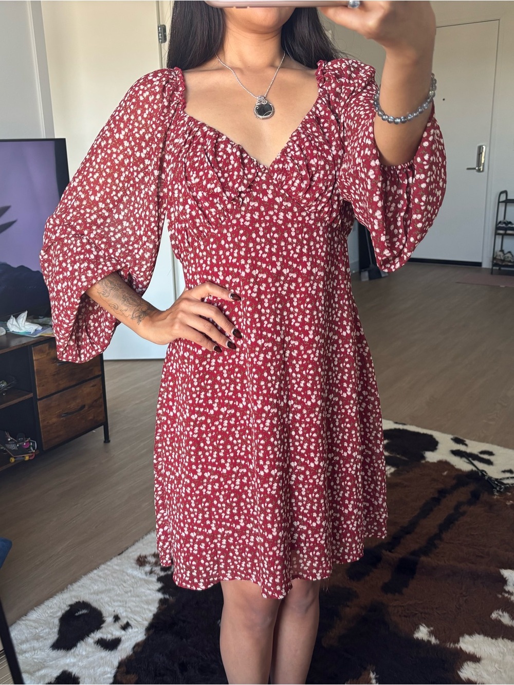 Red Floral V-Neck Puff Sleeve Women's Dress